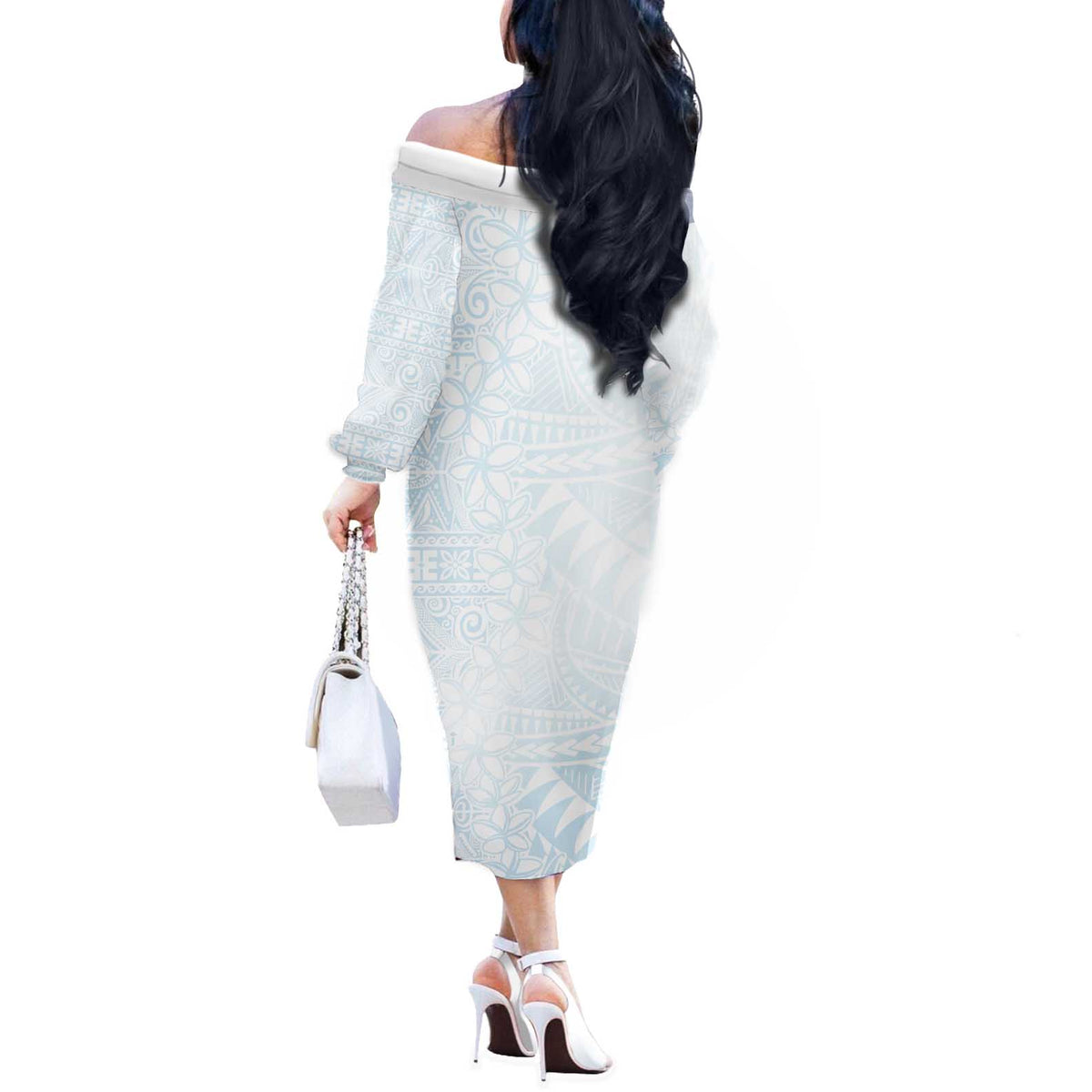 White Sunday Off The Shoulder Long Sleeve Dress Plumeria Tatau Mix Tapa LT7 - Polynesian Pride