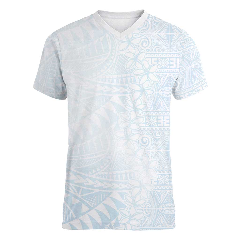 White Sunday Women V-Neck T-Shirt Plumeria Tatau Mix Tapa LT7 Female White - Polynesian Pride