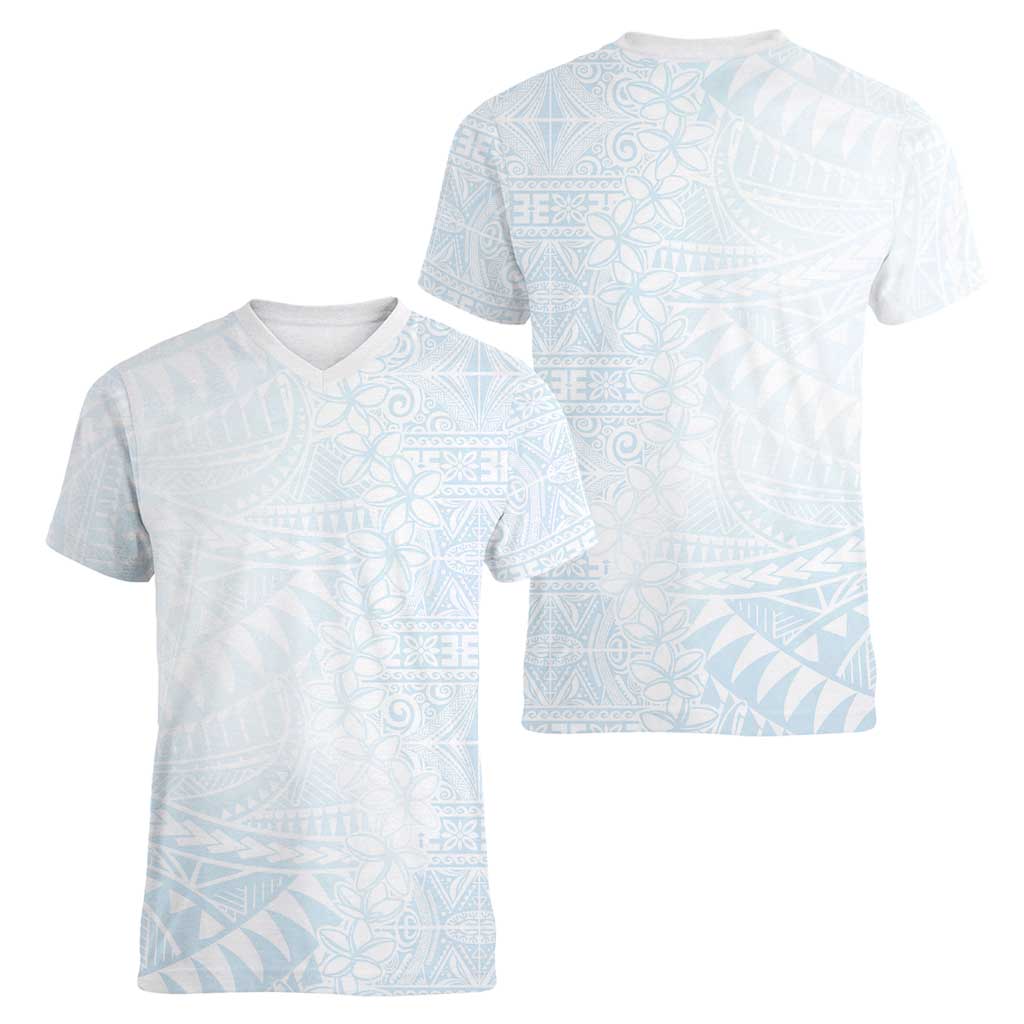 White Sunday Women V-Neck T-Shirt Plumeria Tatau Mix Tapa LT7 - Polynesian Pride