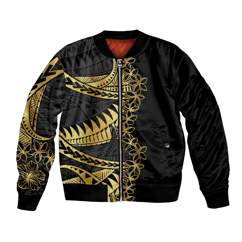 Polynesia Bomber Jacket Black & Gold Fancy Plumeria LT7 Unisex Black Gold - Polynesian Pride