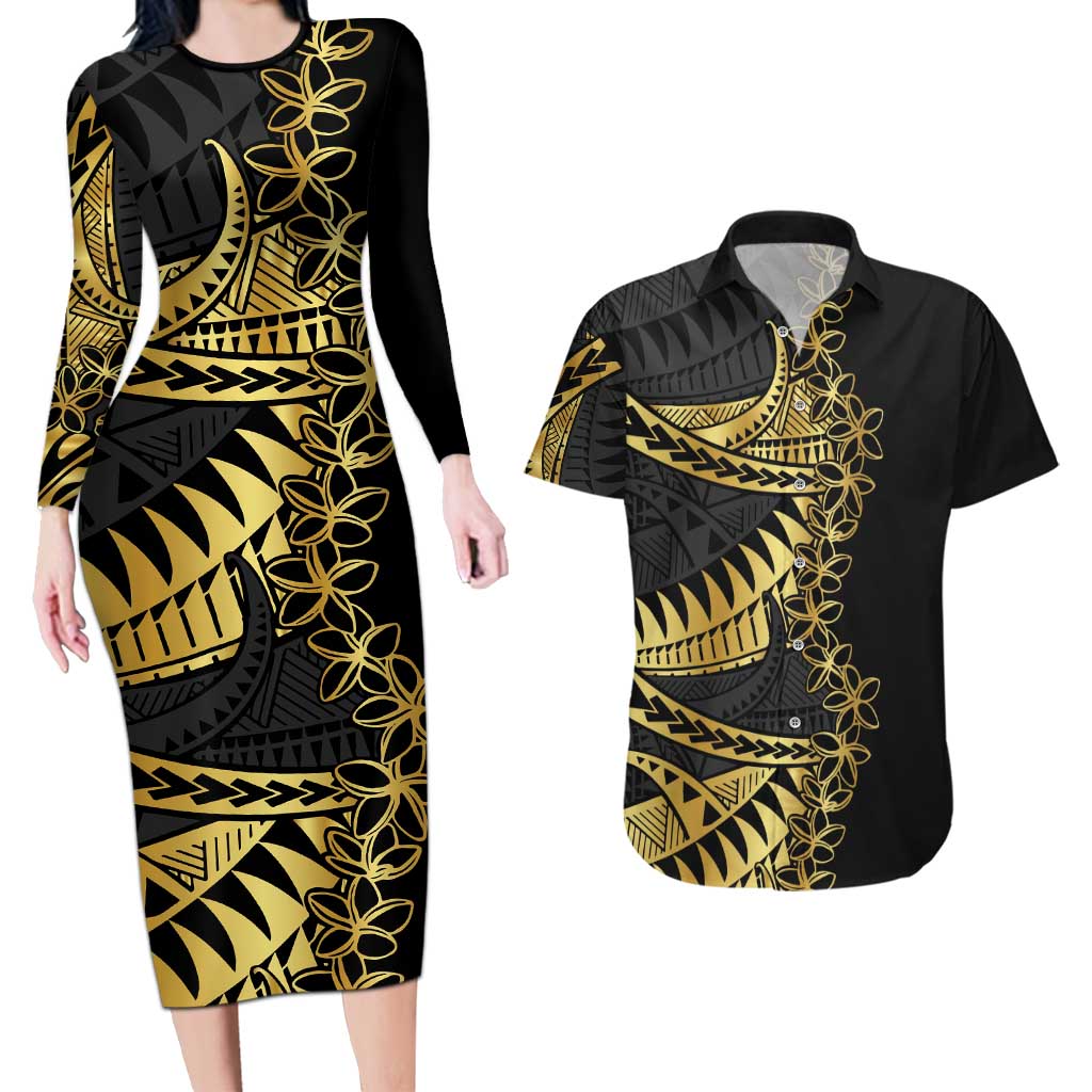 Polynesia Couples Matching Long Sleeve Bodycon Dress and Hawaiian Shirt Black & Gold Fancy Plumeria LT7 Black Gold - Polynesian Pride