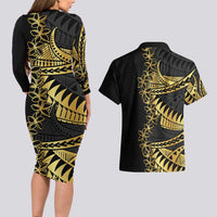 Polynesia Couples Matching Long Sleeve Bodycon Dress and Hawaiian Shirt Black & Gold Fancy Plumeria LT7 - Polynesian Pride