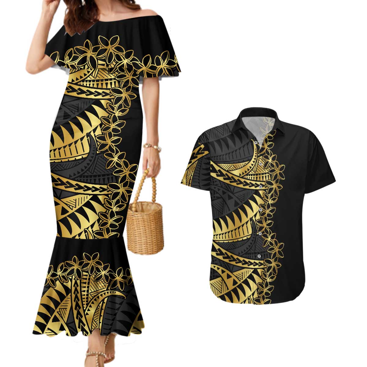 Polynesia Couples Matching Mermaid Dress and Hawaiian Shirt Black & Gold Fancy Plumeria LT7 Black Gold - Polynesian Pride