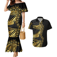 Polynesia Couples Matching Mermaid Dress and Hawaiian Shirt Black & Gold Fancy Plumeria LT7 Black Gold - Polynesian Pride
