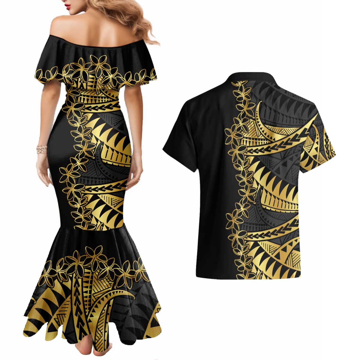 Polynesia Couples Matching Mermaid Dress and Hawaiian Shirt Black & Gold Fancy Plumeria LT7 - Polynesian Pride