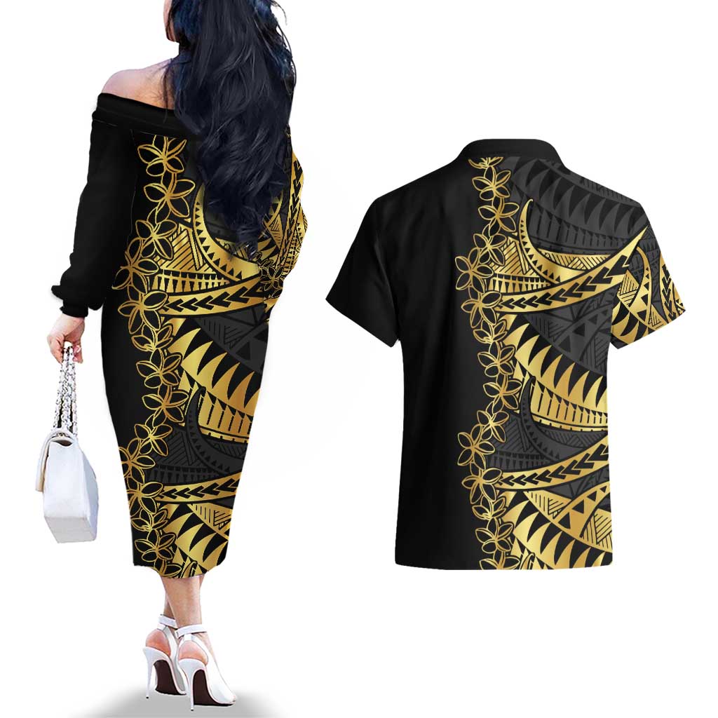 Polynesia Couples Matching Off The Shoulder Long Sleeve Dress and Hawaiian Shirt Black & Gold Fancy Plumeria LT7 - Polynesian Pride