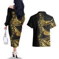 Polynesia Couples Matching Off The Shoulder Long Sleeve Dress and Hawaiian Shirt Black & Gold Fancy Plumeria LT7 - Polynesian Pride