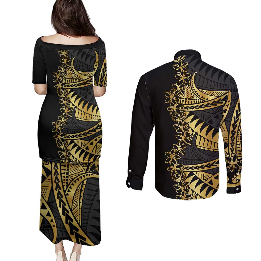 Polynesia Couples Matching Puletasi and Long Sleeve Button Shirt Black & Gold Fancy Plumeria