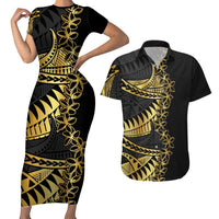Polynesia Couples Matching Short Sleeve Bodycon Dress and Hawaiian Shirt Black & Gold Fancy Plumeria LT7 Black Gold - Polynesian Pride