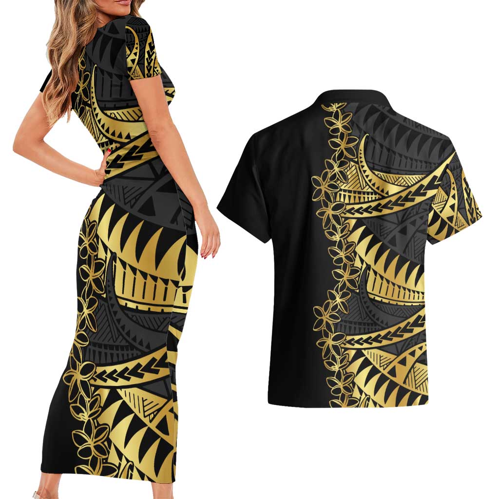 Polynesia Couples Matching Short Sleeve Bodycon Dress and Hawaiian Shirt Black & Gold Fancy Plumeria LT7 - Polynesian Pride