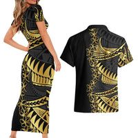 Polynesia Couples Matching Short Sleeve Bodycon Dress and Hawaiian Shirt Black & Gold Fancy Plumeria LT7 - Polynesian Pride