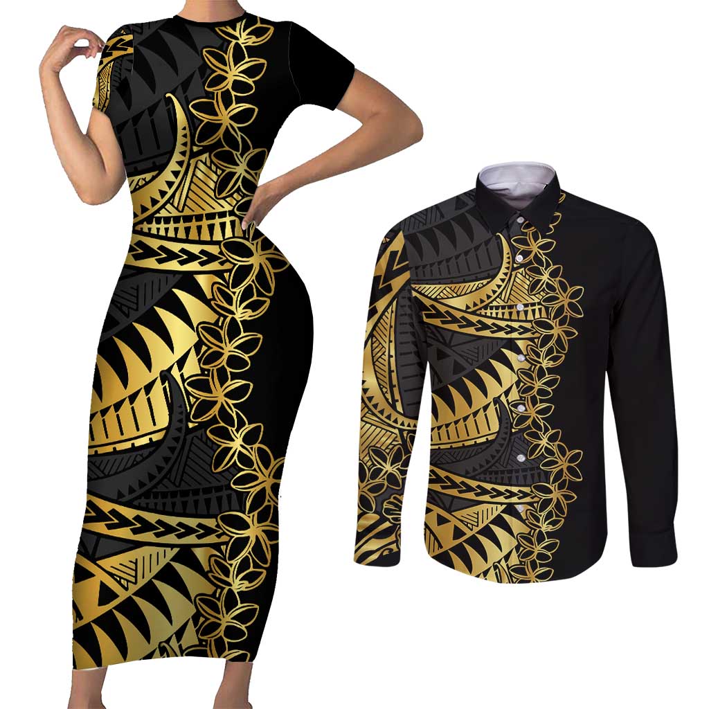 Polynesia Couples Matching Short Sleeve Bodycon Dress and Long Sleeve Button Shirt Black & Gold Fancy Plumeria LT7 Black Gold - Polynesian Pride