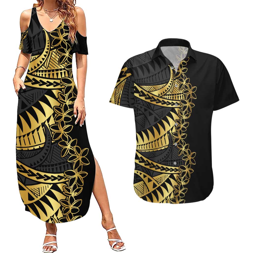 Polynesia Couples Matching Summer Maxi Dress and Hawaiian Shirt Black & Gold Fancy Plumeria LT7 Black Gold - Polynesian Pride