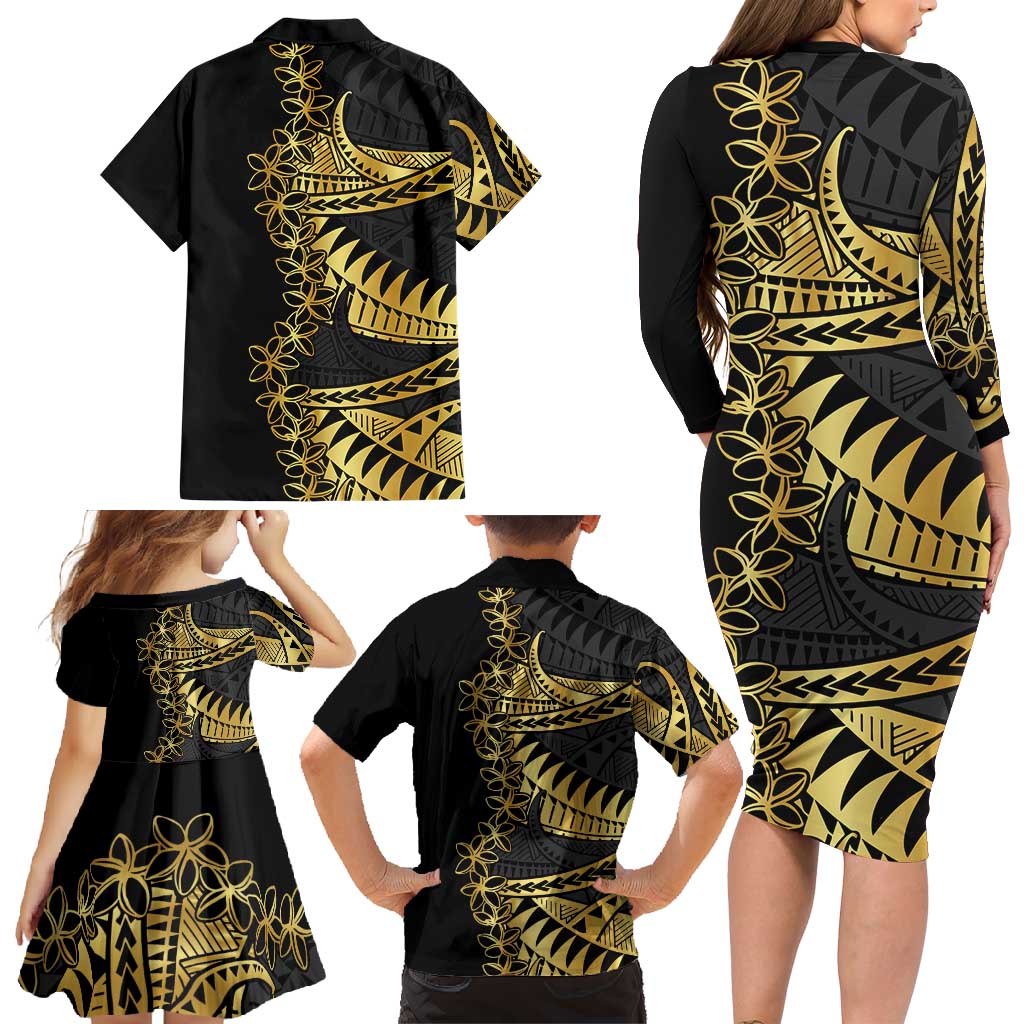 Polynesia Family Matching Long Sleeve Bodycon Dress and Hawaiian Shirt Black & Gold Fancy Plumeria LT7 - Polynesian Pride