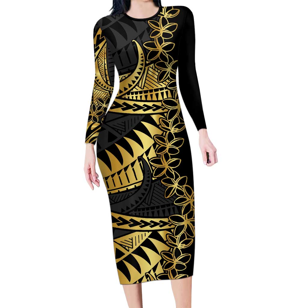Polynesia Family Matching Long Sleeve Bodycon Dress and Hawaiian Shirt Black & Gold Fancy Plumeria LT7 Mom's Dress Black Gold - Polynesian Pride