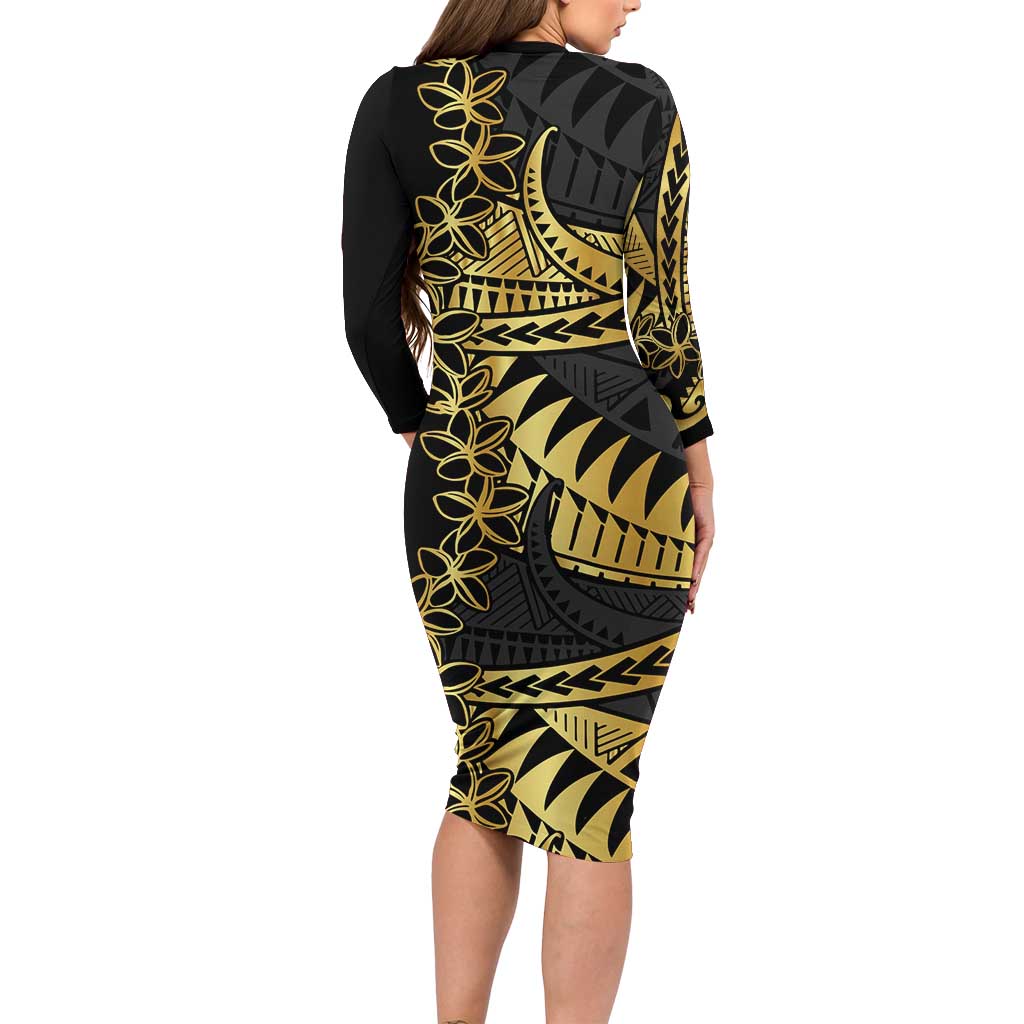 Polynesia Family Matching Long Sleeve Bodycon Dress and Hawaiian Shirt Black & Gold Fancy Plumeria LT7 - Polynesian Pride