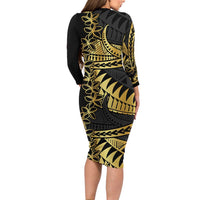 Polynesia Family Matching Long Sleeve Bodycon Dress and Hawaiian Shirt Black & Gold Fancy Plumeria LT7 - Polynesian Pride
