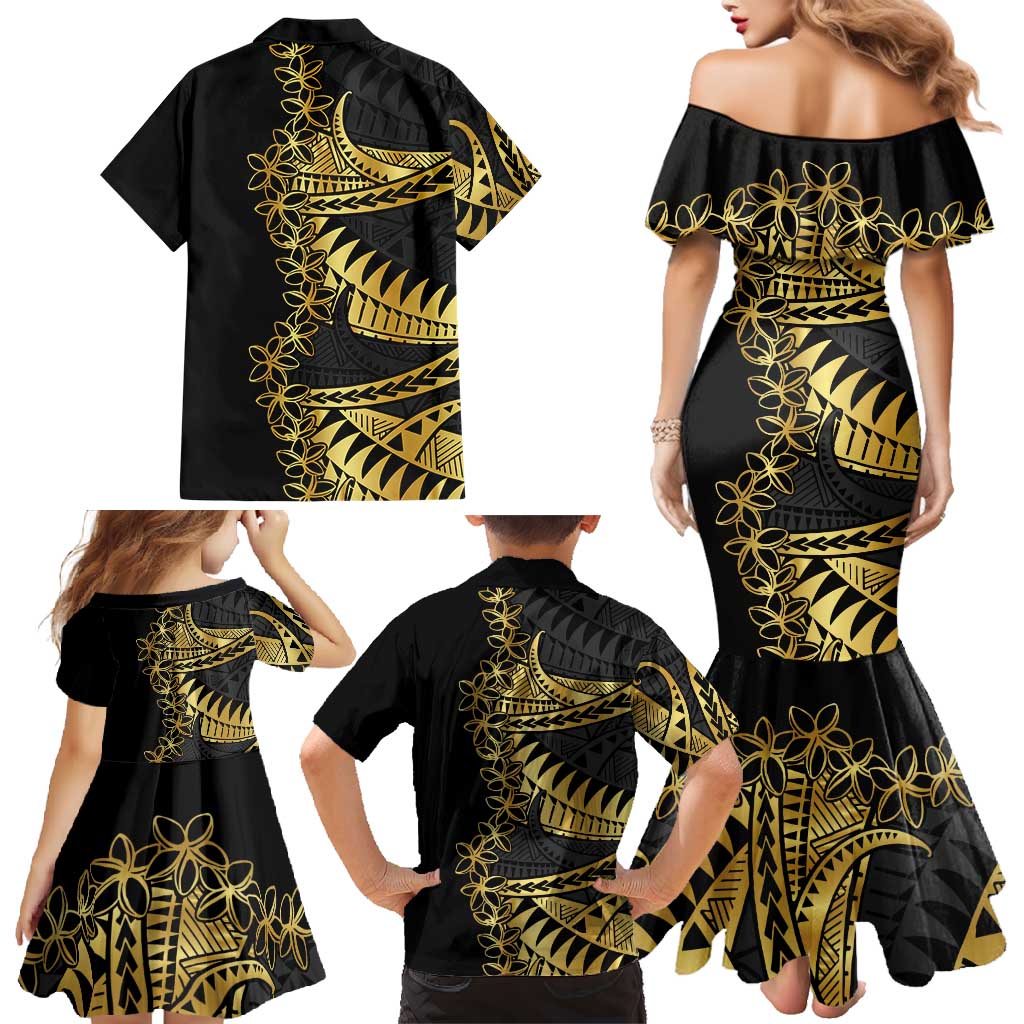 Polynesia Family Matching Mermaid Dress and Hawaiian Shirt Black & Gold Fancy Plumeria LT7 - Polynesian Pride