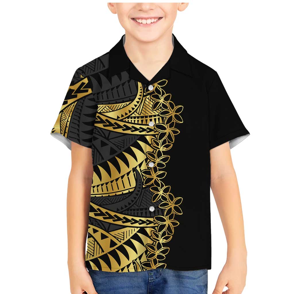 Polynesia Family Matching Mermaid Dress and Hawaiian Shirt Black & Gold Fancy Plumeria LT7 Son's Shirt Black Gold - Polynesian Pride