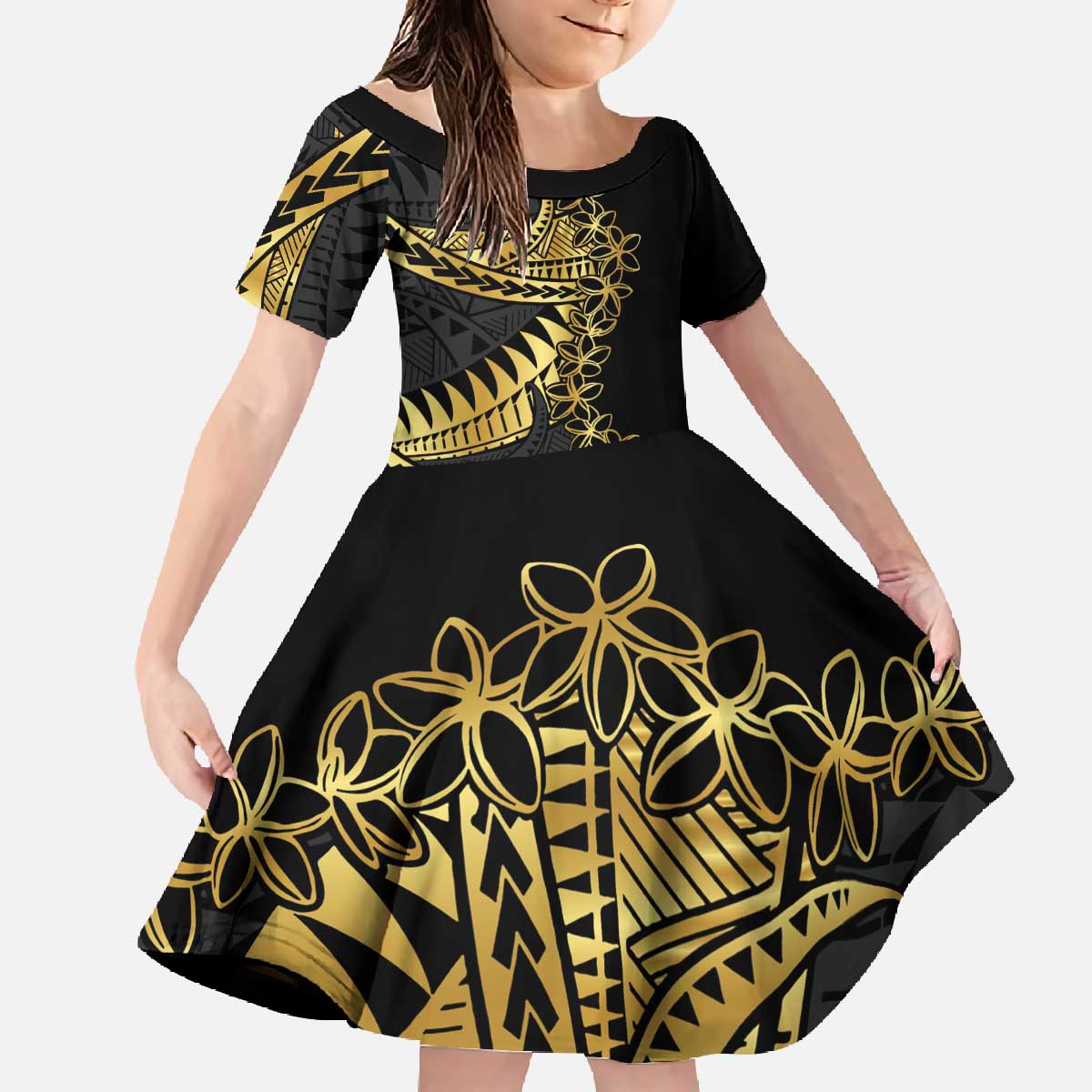 Polynesia Family Matching Off The Shoulder Long Sleeve Dress and Hawaiian Shirt Black & Gold Fancy Plumeria LT7 Daughter's Dress Black Gold - Polynesian Pride