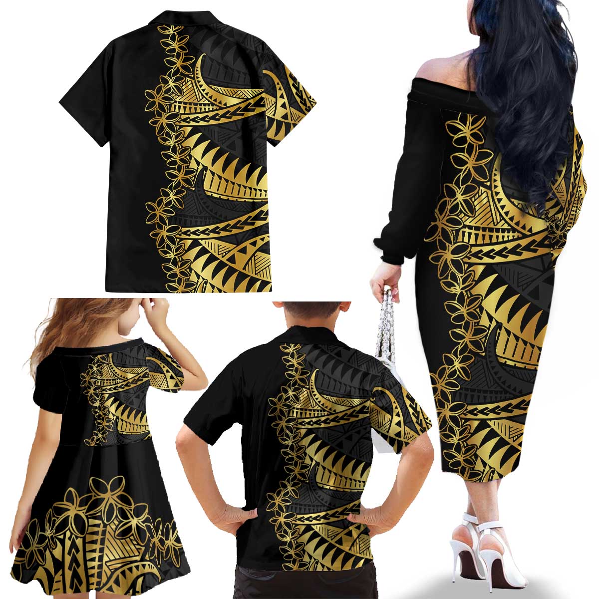 Polynesia Family Matching Off The Shoulder Long Sleeve Dress and Hawaiian Shirt Black & Gold Fancy Plumeria LT7 - Polynesian Pride
