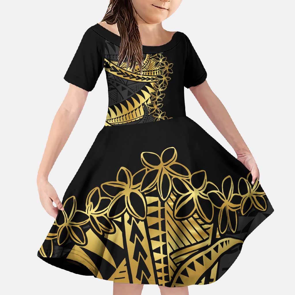Polynesia Family Matching Off Shoulder Maxi Dress and Hawaiian Shirt Black & Gold Fancy Plumeria LT7 Daughter's Dress Black Gold - Polynesian Pride