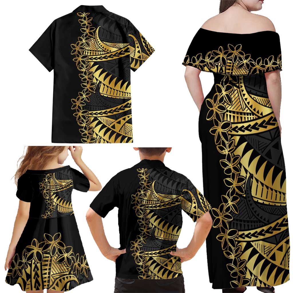 Polynesia Family Matching Off Shoulder Maxi Dress and Hawaiian Shirt Black & Gold Fancy Plumeria LT7 - Polynesian Pride