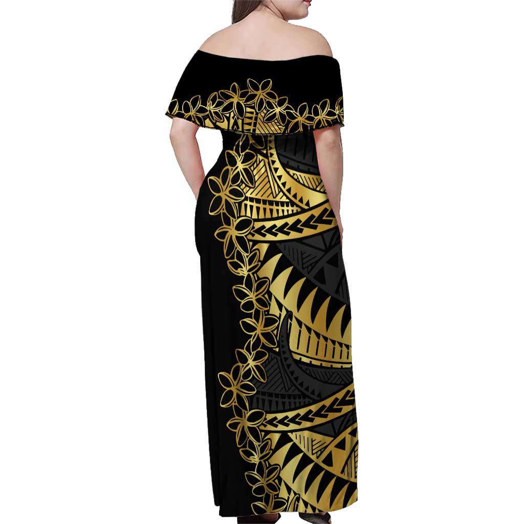 Polynesia Family Matching Off Shoulder Maxi Dress and Hawaiian Shirt Black & Gold Fancy Plumeria LT7 - Polynesian Pride
