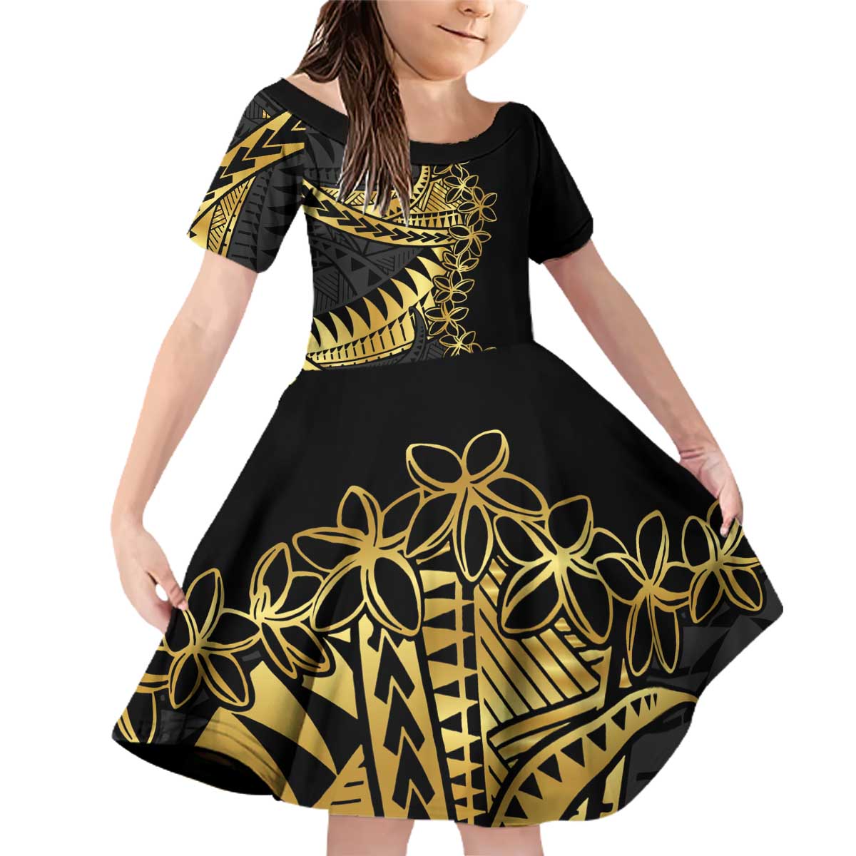 Polynesia Family Matching Off Shoulder Short Dress and Hawaiian Shirt Black & Gold Fancy Plumeria LT7 Daughter's Dress Black Gold - Polynesian Pride