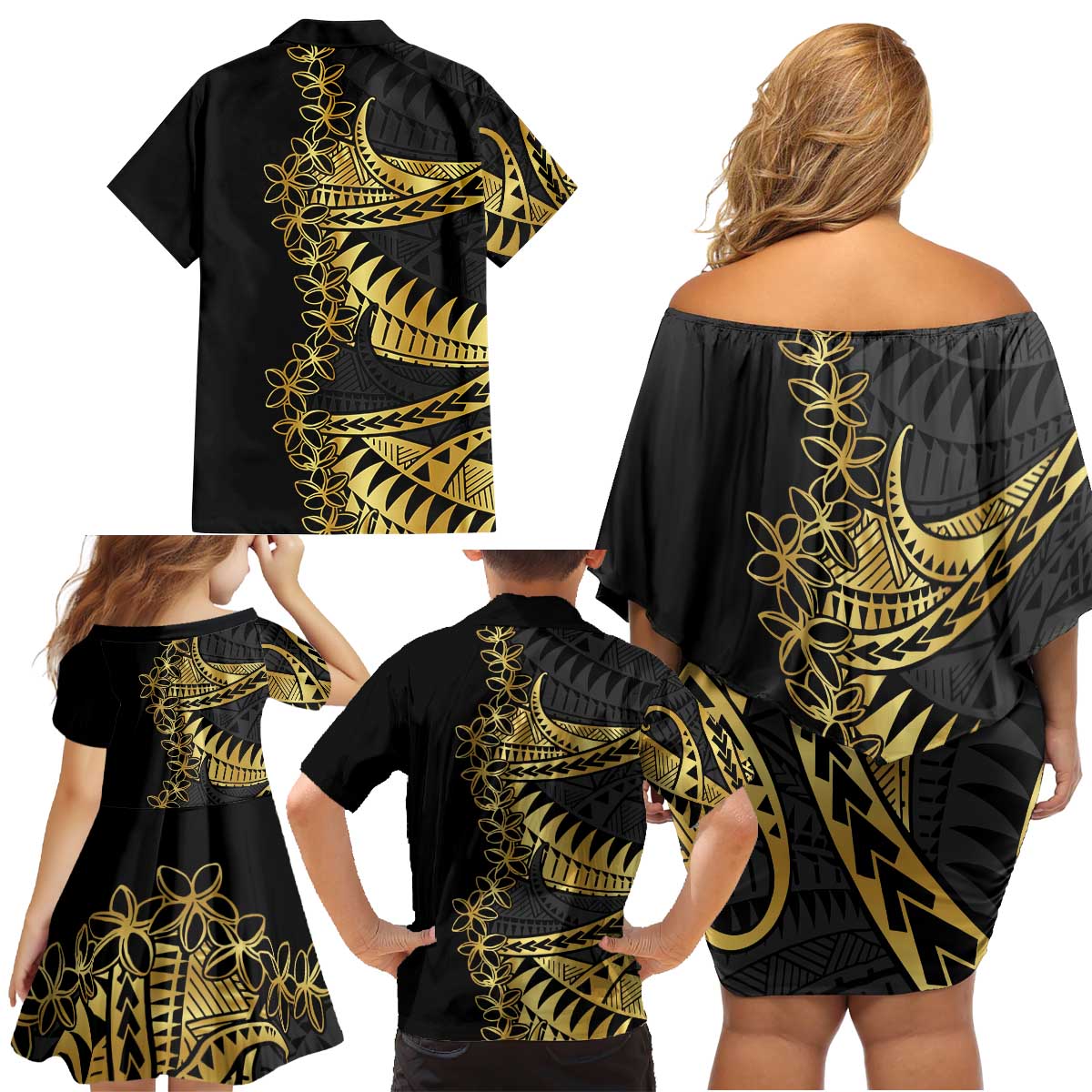 Polynesia Family Matching Off Shoulder Short Dress and Hawaiian Shirt Black & Gold Fancy Plumeria LT7 - Polynesian Pride