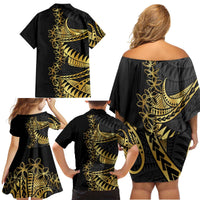 Polynesia Family Matching Off Shoulder Short Dress and Hawaiian Shirt Black & Gold Fancy Plumeria LT7 - Polynesian Pride