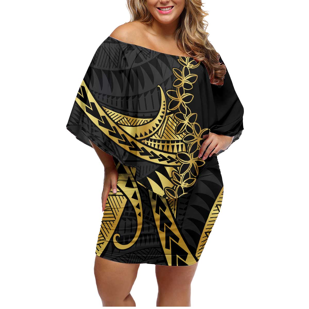 Polynesia Family Matching Off Shoulder Short Dress and Hawaiian Shirt Black & Gold Fancy Plumeria LT7 Mom's Dress Black Gold - Polynesian Pride