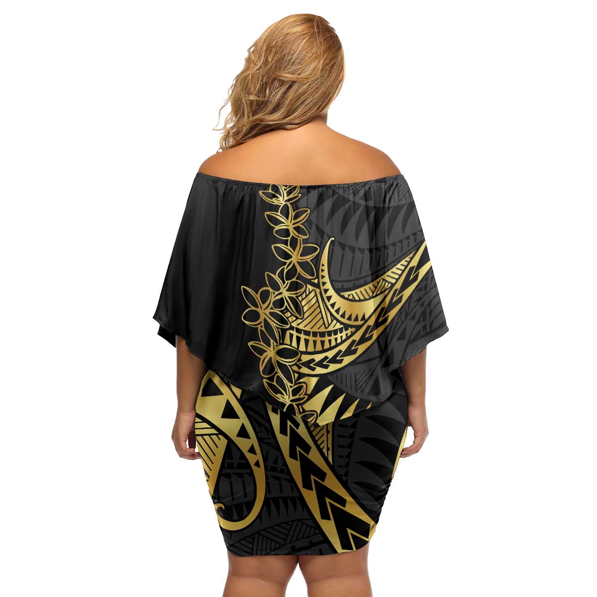Polynesia Family Matching Off Shoulder Short Dress and Hawaiian Shirt Black & Gold Fancy Plumeria LT7 - Polynesian Pride