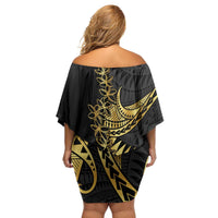 Polynesia Family Matching Off Shoulder Short Dress and Hawaiian Shirt Black & Gold Fancy Plumeria LT7 - Polynesian Pride