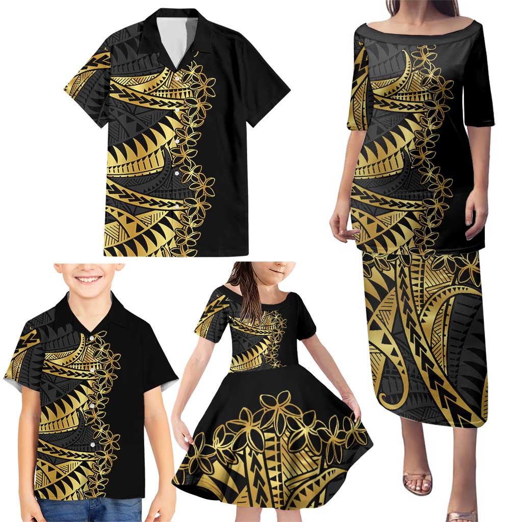 Polynesia Family Matching Puletasi and Hawaiian Shirt Black & Gold Fancy Plumeria LT7 - Polynesian Pride