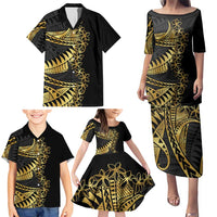 Polynesia Family Matching Puletasi and Hawaiian Shirt Black & Gold Fancy Plumeria LT7 - Polynesian Pride