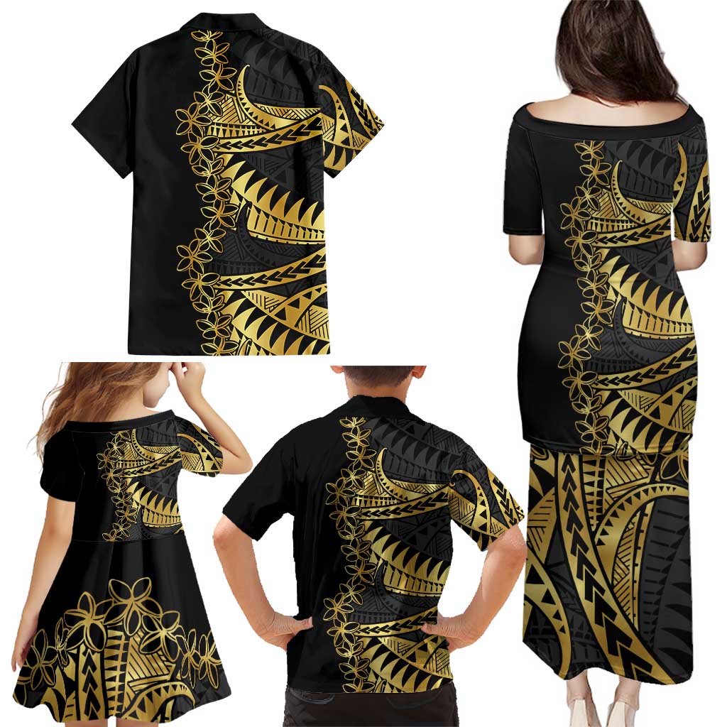 Polynesia Family Matching Puletasi and Hawaiian Shirt Black & Gold Fancy Plumeria LT7 - Polynesian Pride