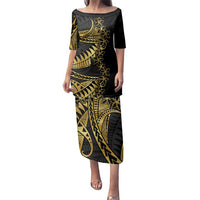 Polynesia Family Matching Puletasi and Hawaiian Shirt Black & Gold Fancy Plumeria LT7 Mom's Dress Black Gold - Polynesian Pride