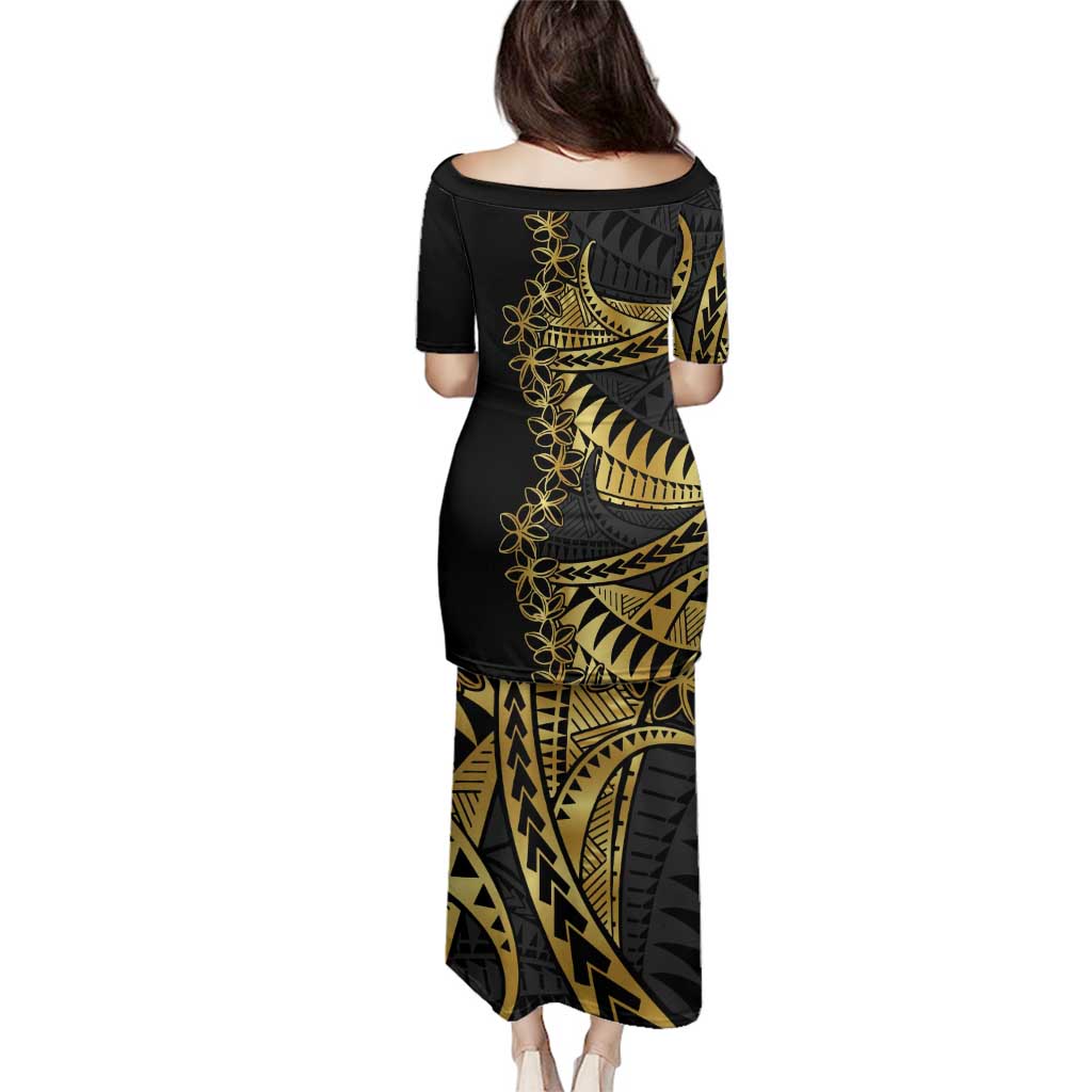 Polynesia Family Matching Puletasi and Hawaiian Shirt Black & Gold Fancy Plumeria LT7 - Polynesian Pride