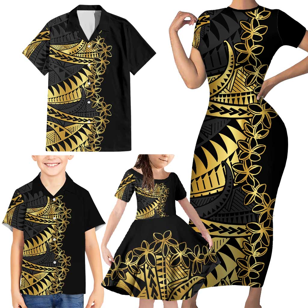 Polynesia Family Matching Short Sleeve Bodycon Dress and Hawaiian Shirt Black & Gold Fancy Plumeria LT7 - Polynesian Pride