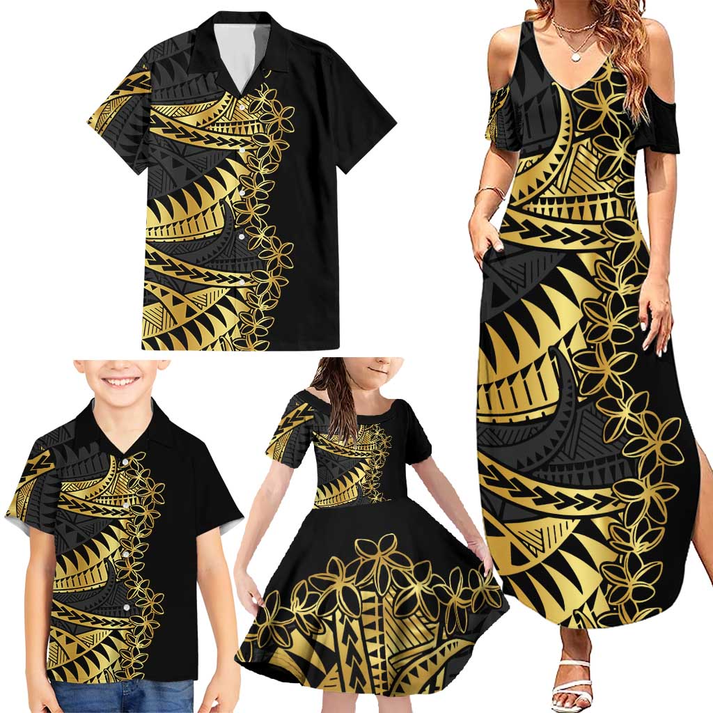 Polynesia Family Matching Summer Maxi Dress and Hawaiian Shirt Black & Gold Fancy Plumeria LT7 - Polynesian Pride