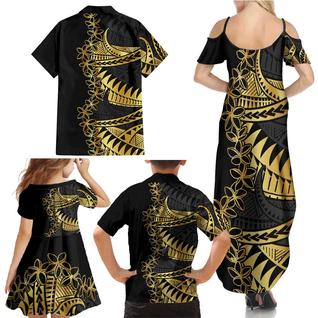 Polynesia Family Matching Summer Maxi Dress and Hawaiian Shirt Black & Gold Fancy Plumeria LT7 - Polynesian Pride