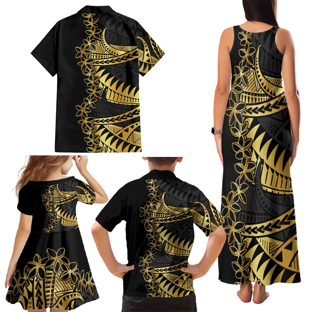 Polynesia Family Matching Tank Maxi Dress and Hawaiian Shirt Black & Gold Fancy Plumeria LT7 - Polynesian Pride