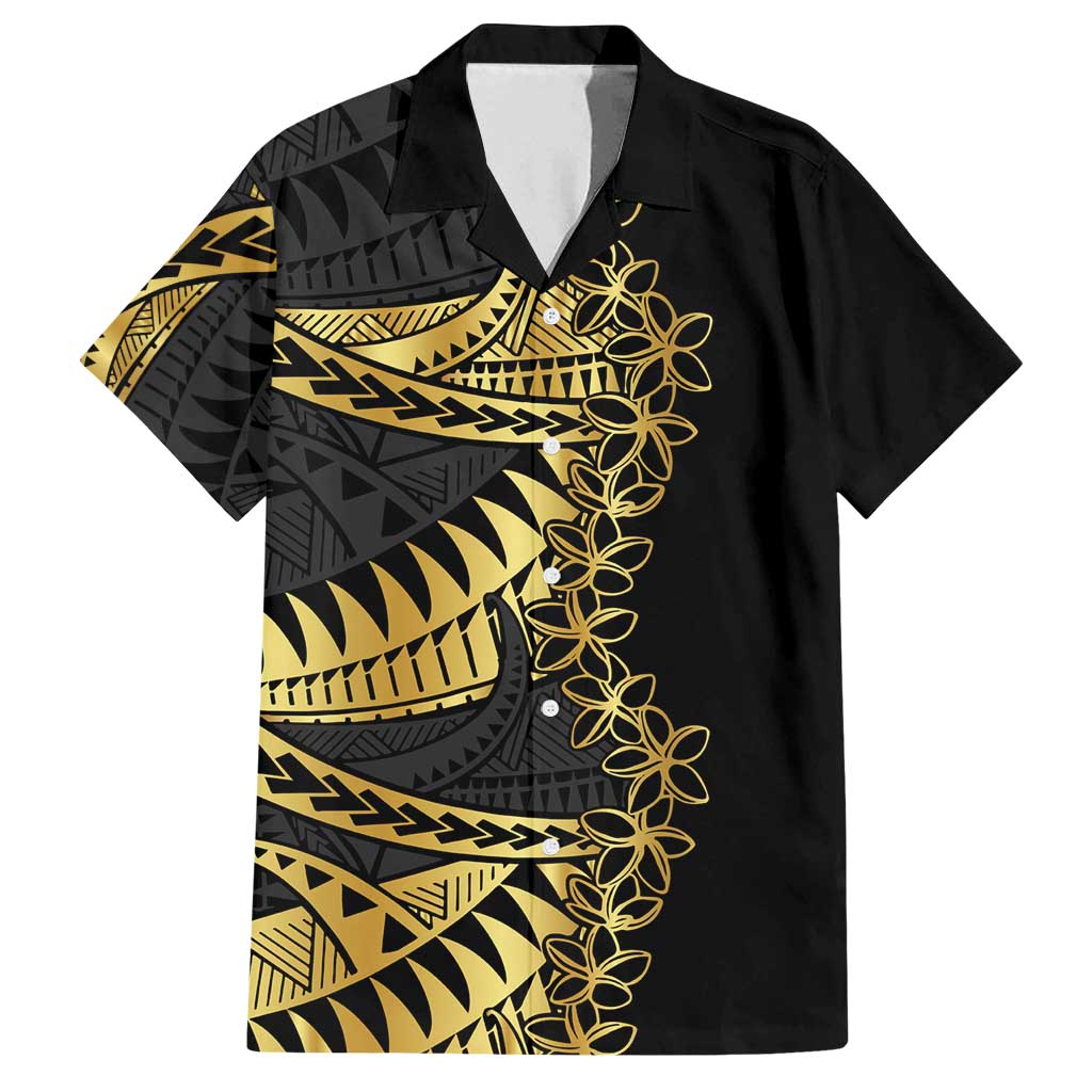 Polynesia Family Matching Tank Maxi Dress and Hawaiian Shirt Black & Gold Fancy Plumeria LT7 Dad's Shirt - Short Sleeve Black Gold - Polynesian Pride