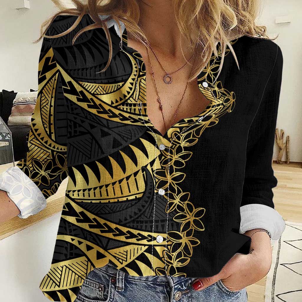 Polynesia Women Casual Shirt Black & Gold Fancy Plumeria LT7 Female Black Gold - Polynesian Pride
