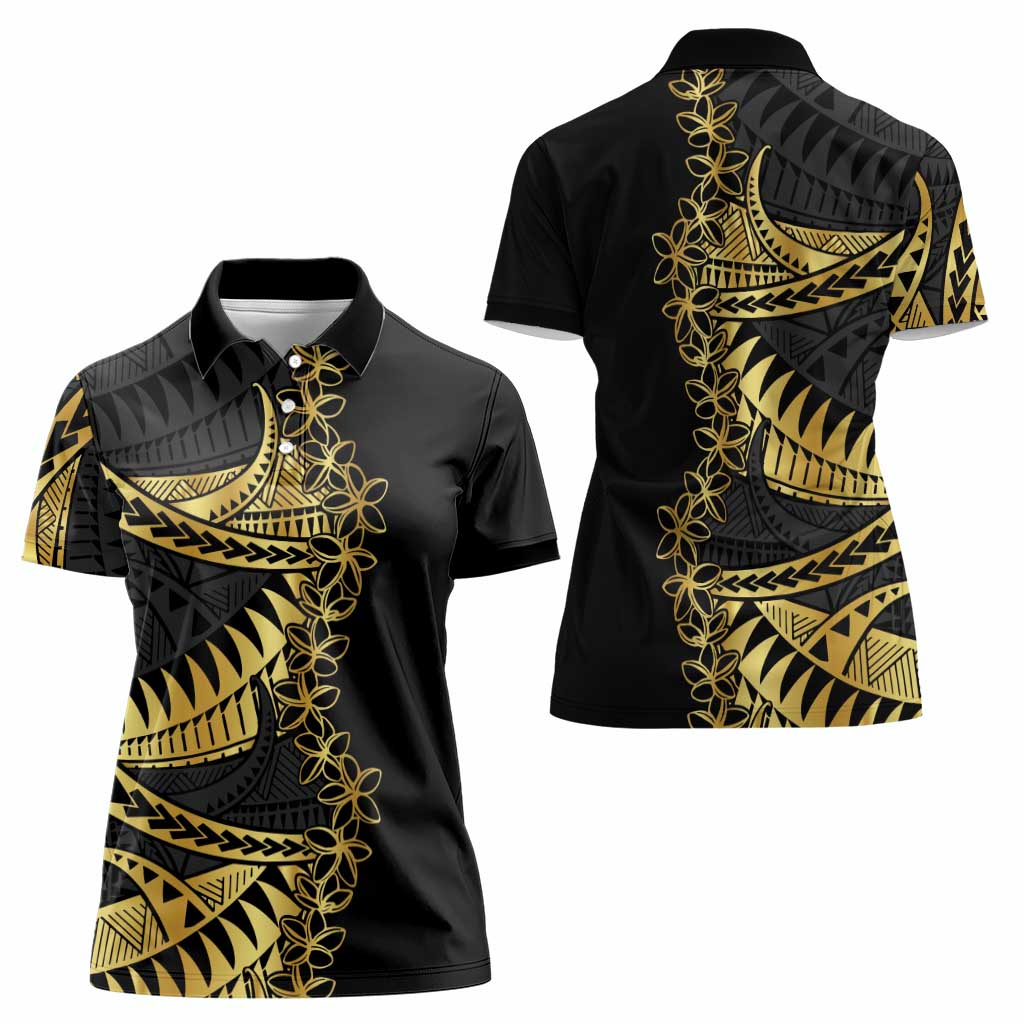 Polynesia Women Polo Shirt Black & Gold Fancy Plumeria