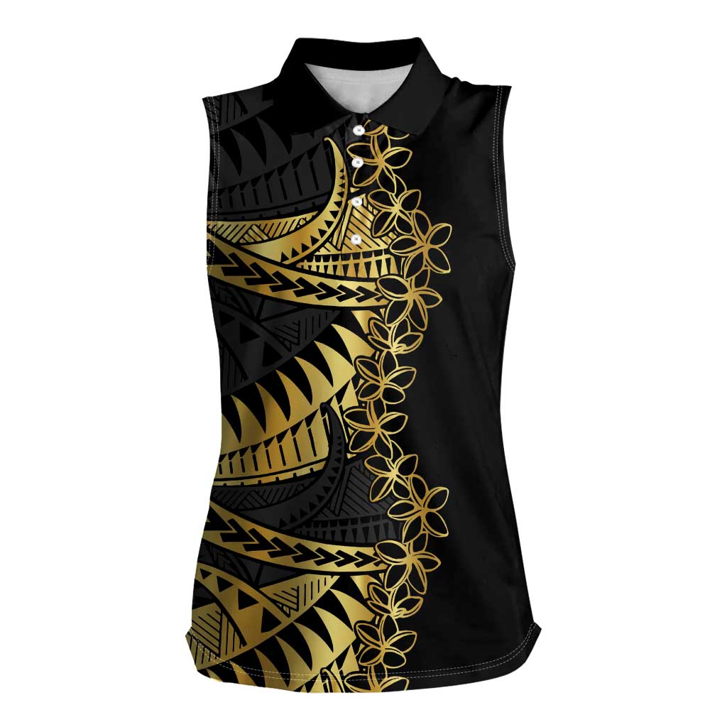 Polynesia Women Sleeveless Polo Shirt Black & Gold Fancy Plumeria LT7 Female Black Gold - Polynesian Pride