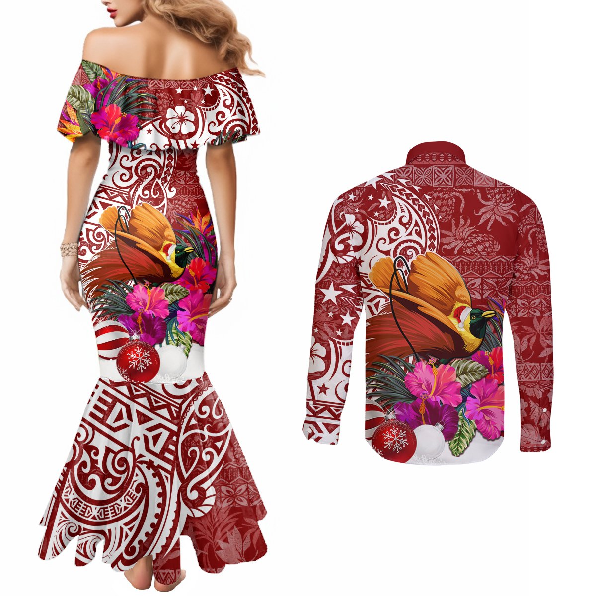 Papua New Guinea Christmas Couples Matching Mermaid Dress and Long Sleeve Button Shirt Bird-of-Paradise Special LT7 - Polynesian Pride