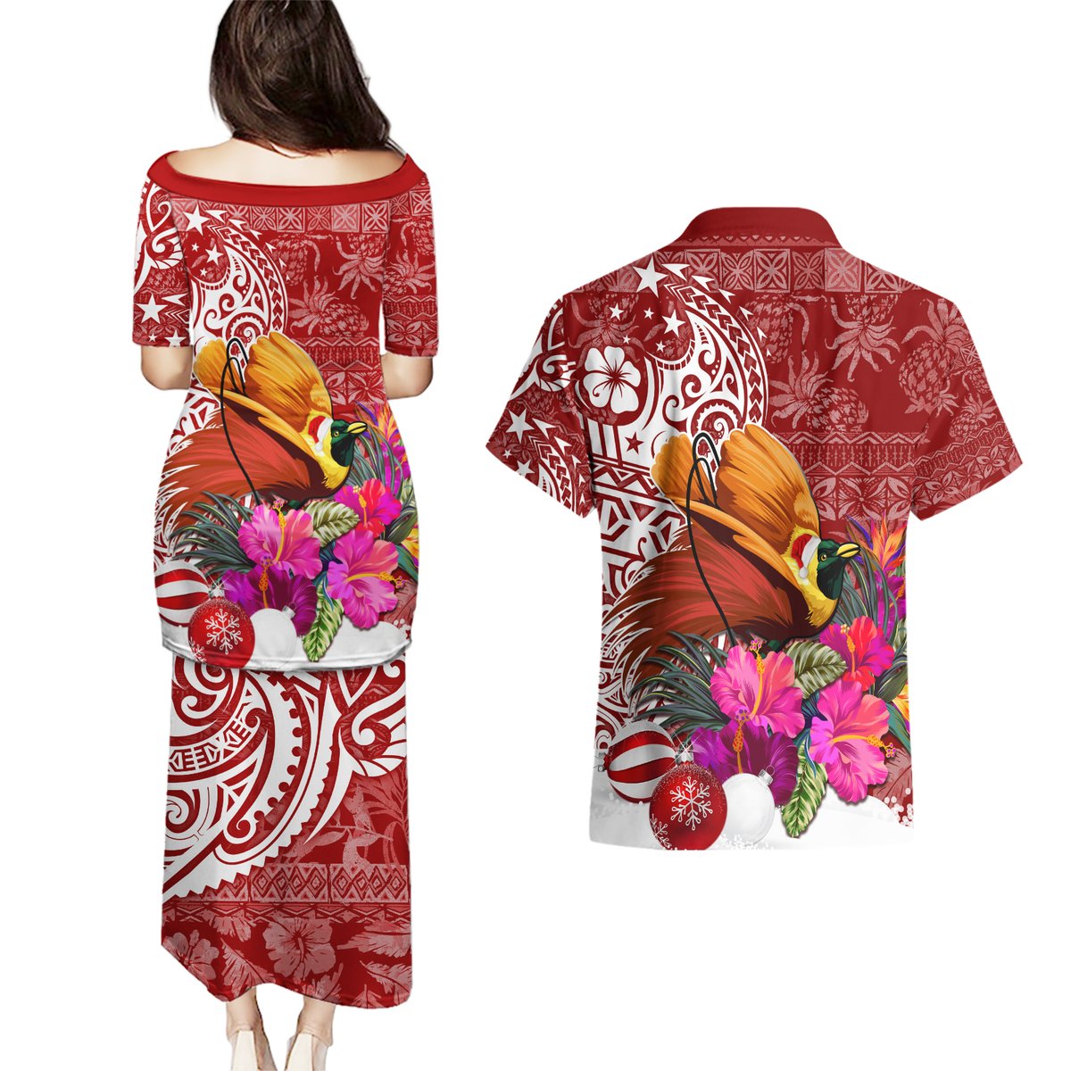 Papua New Guinea Christmas Couples Matching Puletasi Dress and Hawaiian Shirt Bird-of-Paradise Special LT7 - Polynesian Pride