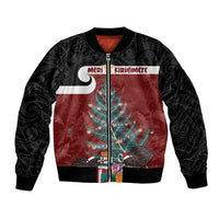 Personalised New Zealand Maori Christmas Bomber Jacket Xmas Fern Mix Kowhawhai LT7 Unisex Black - Polynesian Pride